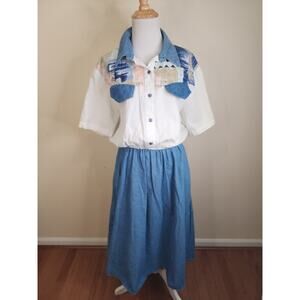 Vintage 80's Tap & Co. Denim Shirt Dress Fit & Flare Western Midi Size 14 Aztec